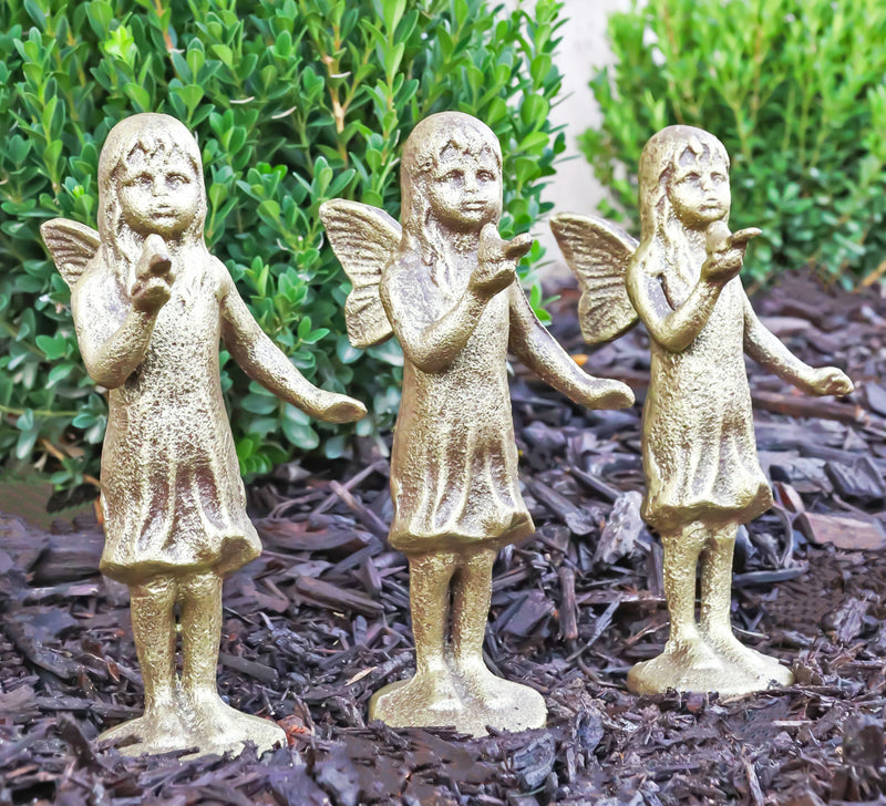 Set Of 3 Cast Iron Rustic Enchanted Fantasy Girl Fairy Pixie With Bird Figurines