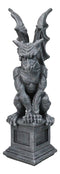 Large 17" H Gothic Crouching Wise Old Griffin Gargoyle On Pedestal Figurine