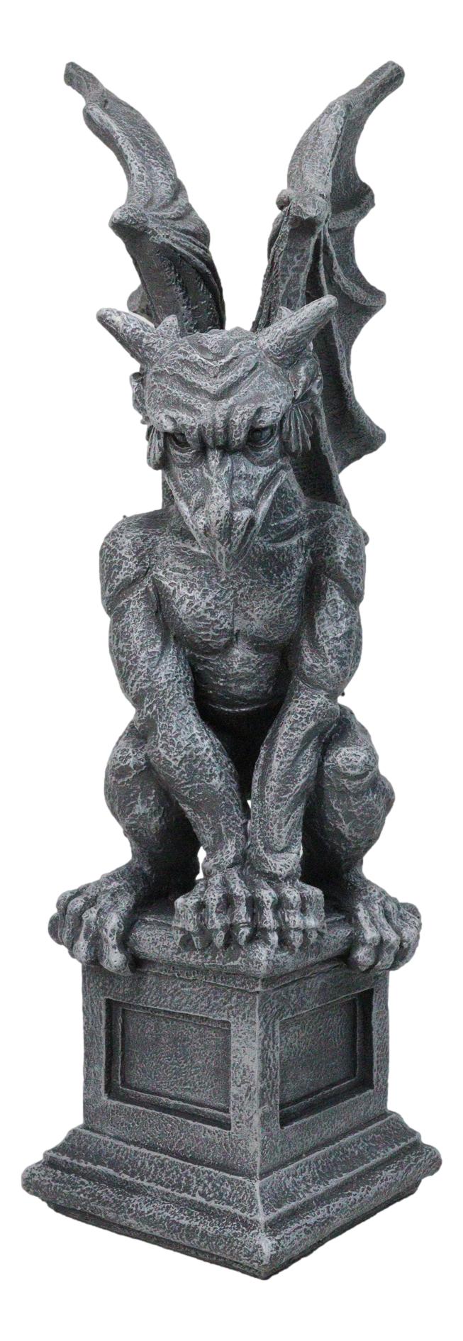 Large 17" H Gothic Crouching Wise Old Griffin Gargoyle On Pedestal Figurine