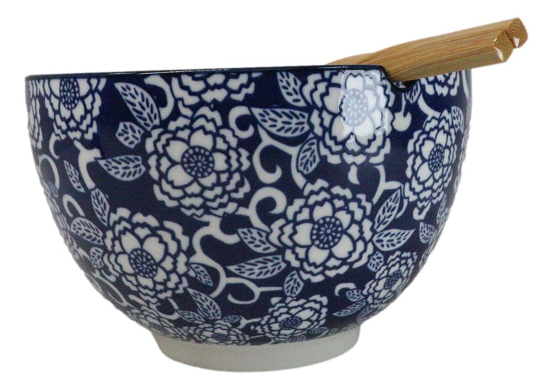 Blue Botanica Floral Blossoms 20Oz Donburi Ramen Soup Bowl With Chopsticks Set