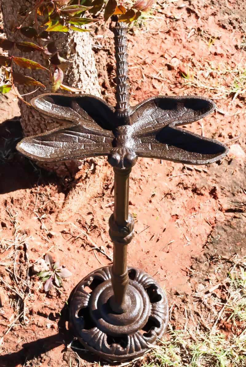 Cast Iron Rustic Cottage Whimsical Garden Dragonfly Bird Feeder Bath Statue
