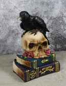 Raven Crow Perching On Skull With LED Eyes And Spell Books Of Prophecy Figurine