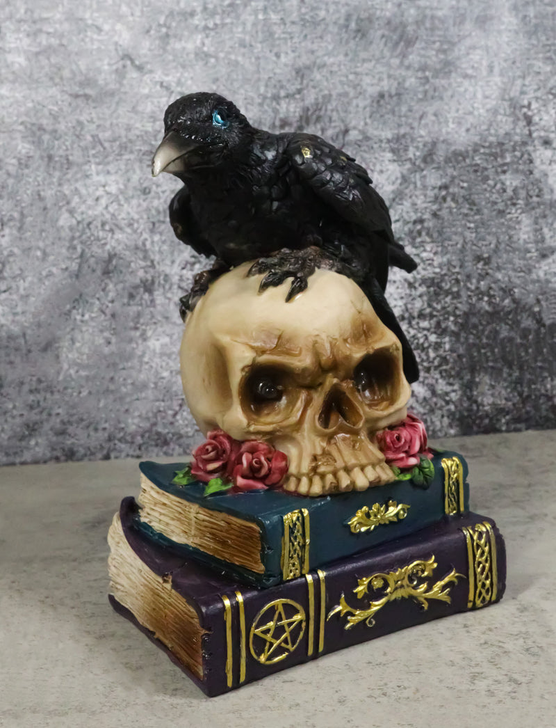 Raven Crow Perching On Skull With LED Eyes And Spell Books Of Prophecy Figurine