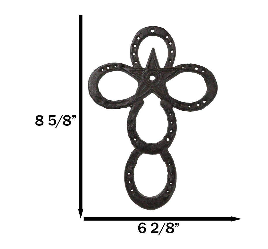 Set Of 2 Cast Iron Rustic Western Horseshoes And Lone Star Christian Wall Cross - Ebros Gift