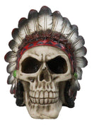 Gothic Native American Chief Skull Figurine with Tribal Feather Headdress 4.5"H