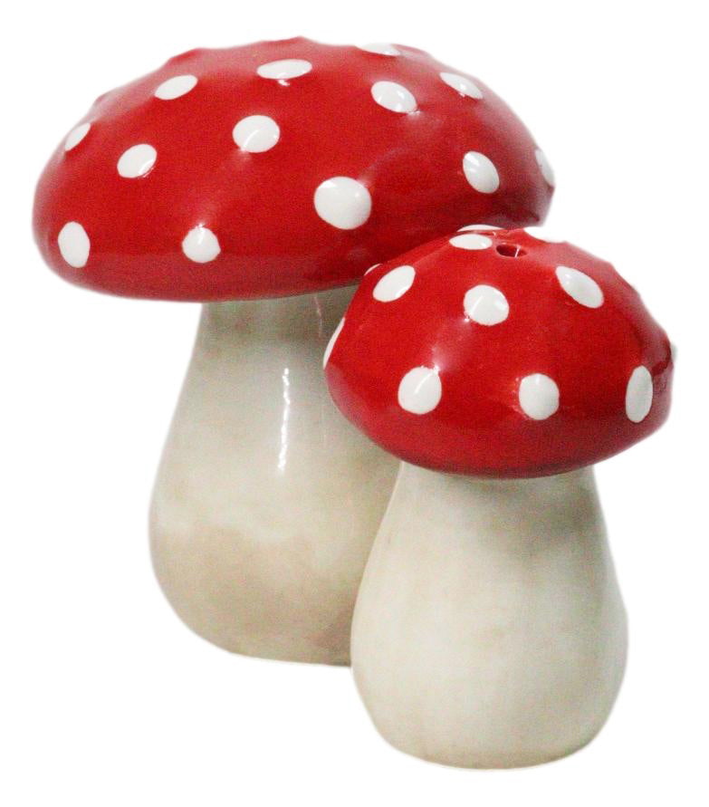 Bright Red White Polkadots Toadstool Mushrooms Pair Salt And Pepper Shakers