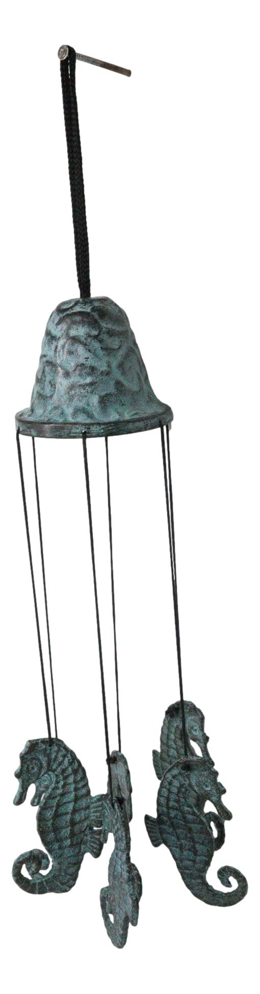 Verdigris Distressed Brass Metal Nautical Bell With Marine Seahorses Wind Chime