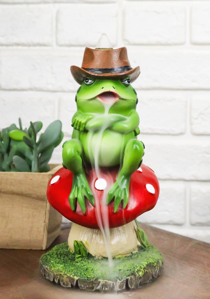 Western Outlaw Cowboy Frog On Mushroom Backflow Incense Cone Burner Figurine