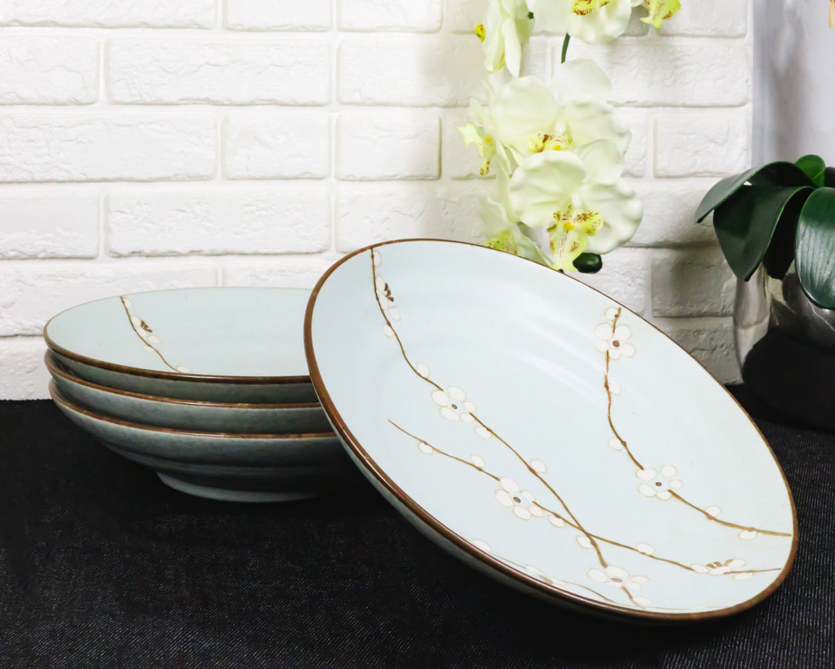 Made In Japan Porcelain Soushun Sakura Green Plum 9"D Deep Plates Bowls Set - Ebros Gift