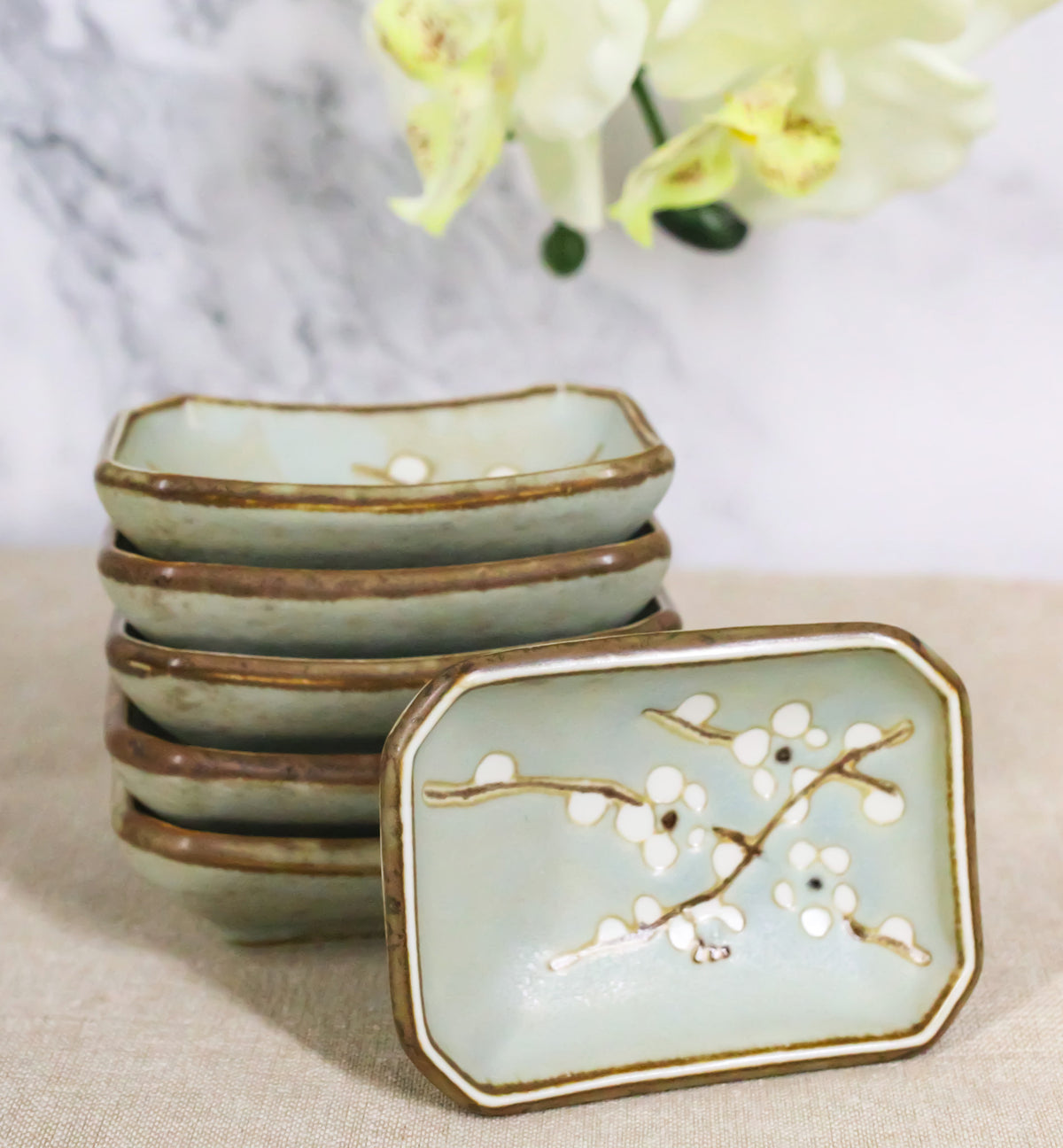 Set Of 6 Japanese Soushun Sakura Porcelain Soy Sauce Rectangular Dipping Bowls - Ebros Gift
