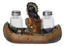 Native American Indian Chief In Canoe Boat Salt and Pepper Shaker Holder Set