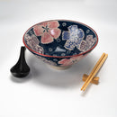 Midnight Blue Pink Floral Ceramic Ramen Bowl Soup Spoon Chopsticks And Rest Set