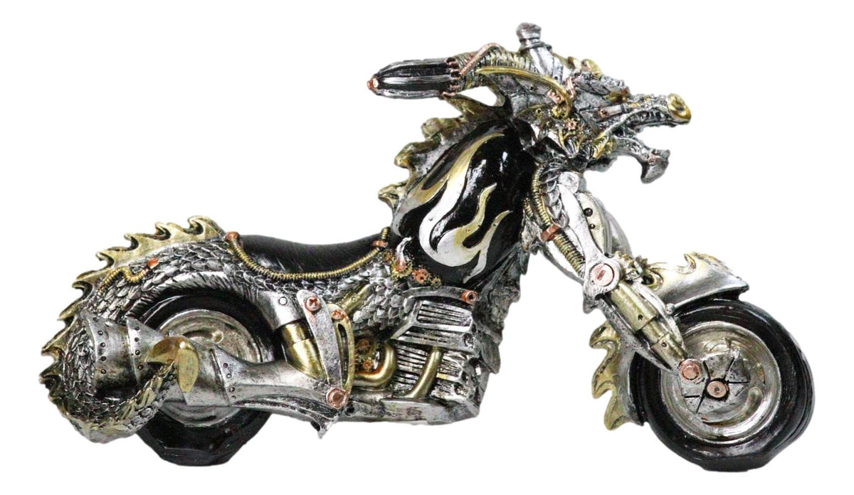 Dragon Motorcycle Metallic Silver & Gold Hot Rod Bike Sculpture Flame Accents
