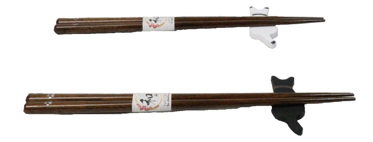 Black And White Feline Cats With Tails Set of 2 Chopsticks And Wooden Rests Set