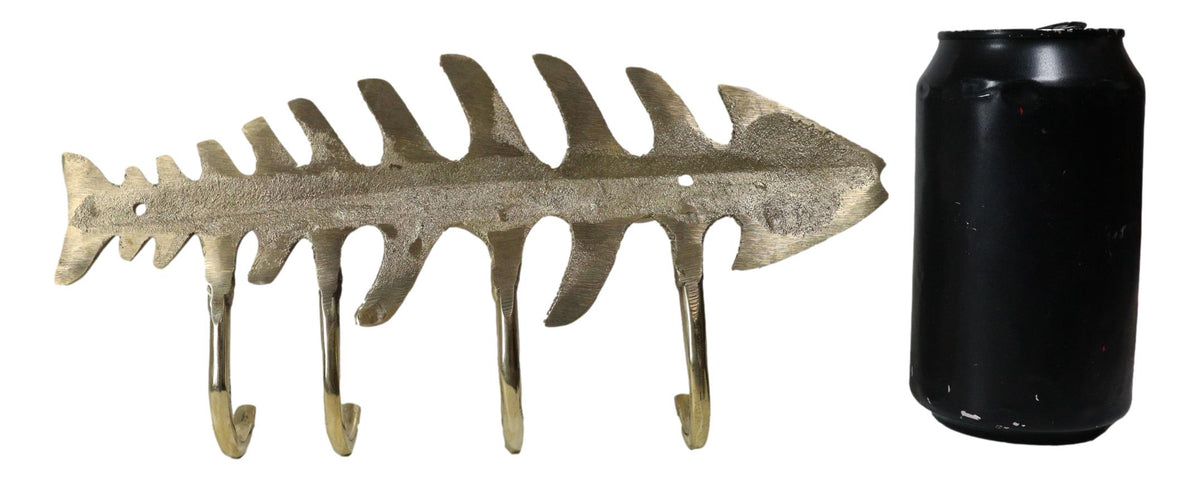 Brass Metal Golden Fishbone Fish Bone Marine Coastal 4 Peg Wall Hooks Plaque - Ebros Gift