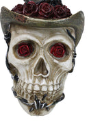 Western Old Wild West Cowboy Skull with Romantic Roses Barbed Wire Hat Figurine