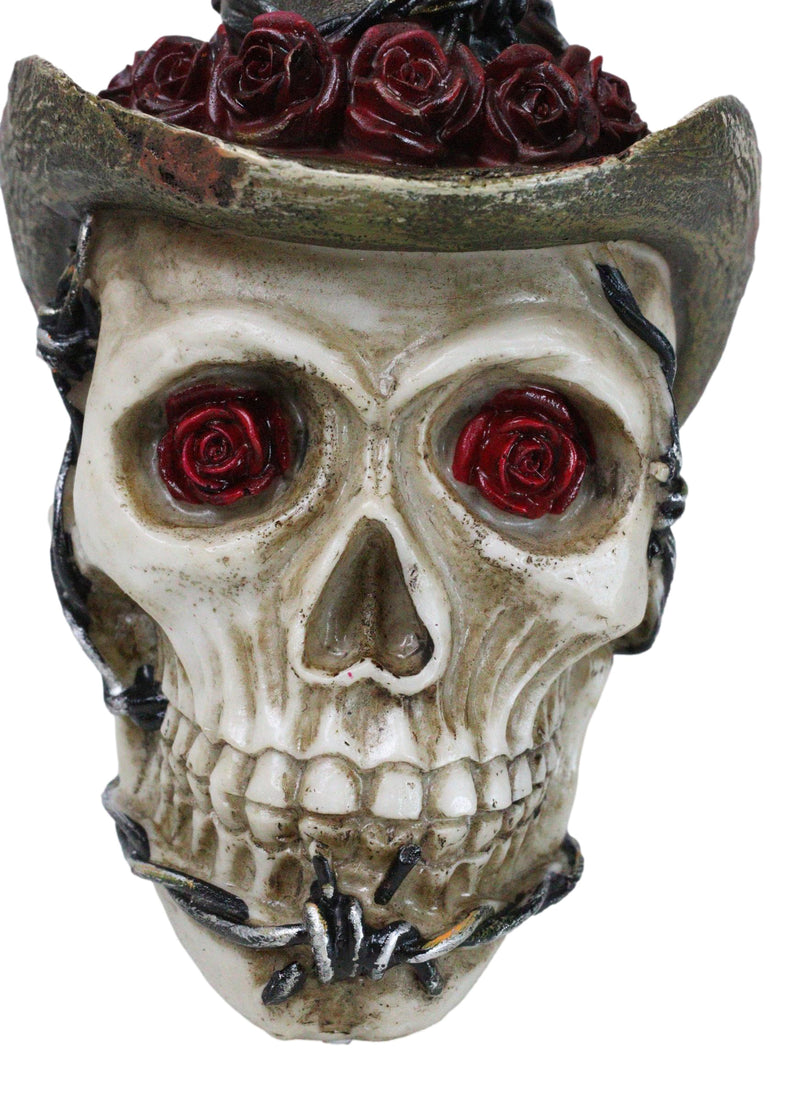 Western Old Wild West Cowboy Skull with Romantic Roses Barbed Wire Hat Figurine