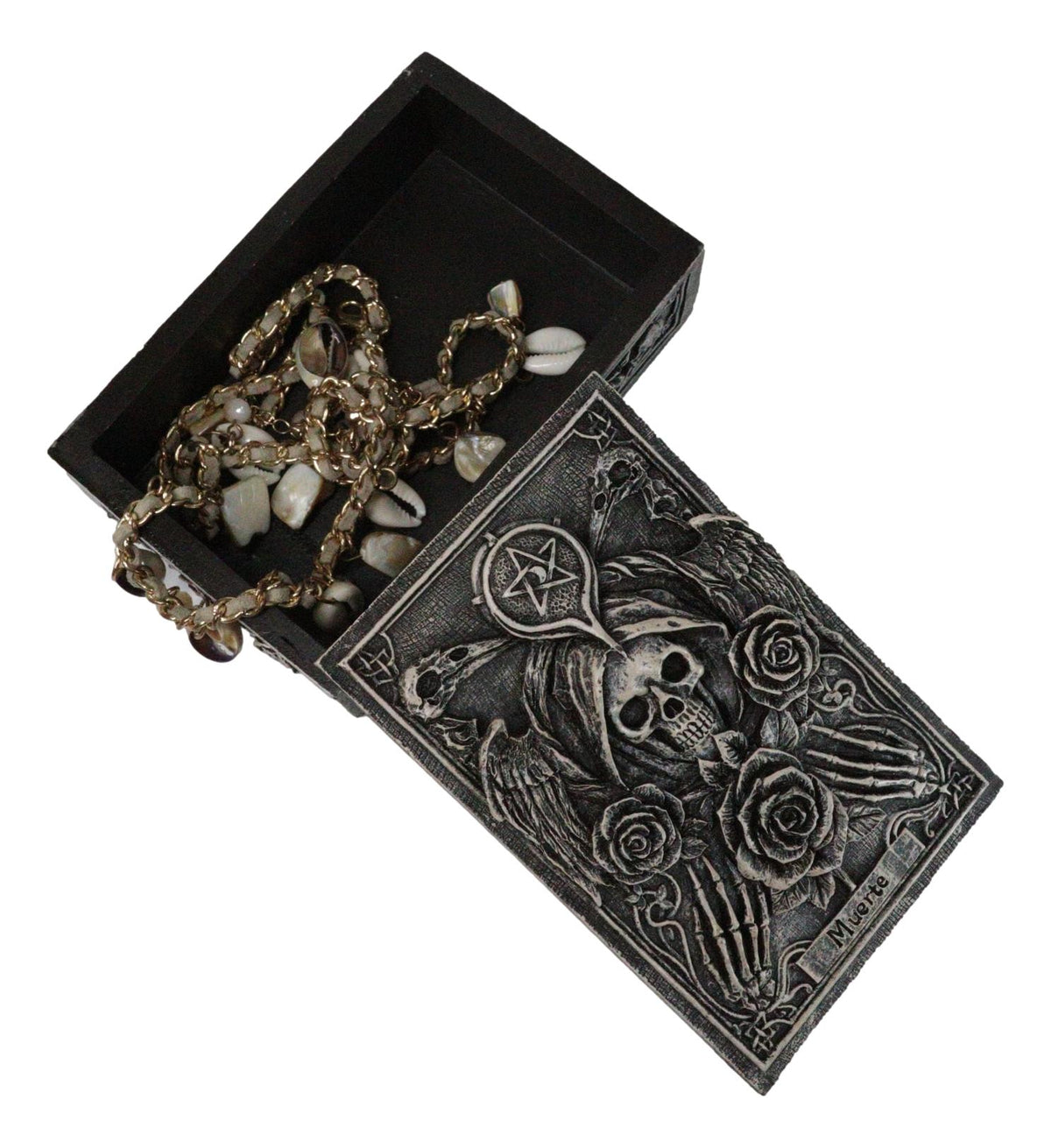 Santa Muerte Day Of The Dead Skull Pentagram Roses Tarot Cards Trinket Box - Ebros Gift