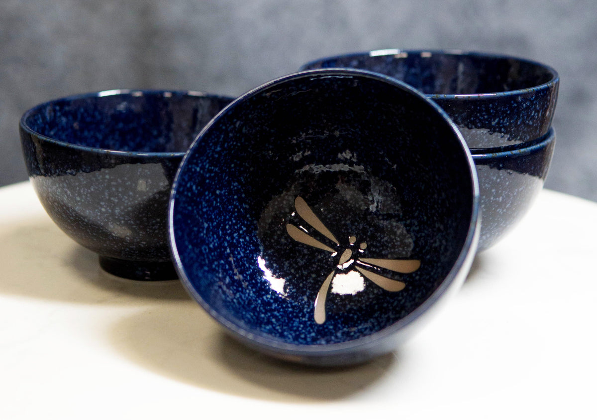 Made In Japan Auspicious Dragonfly Blue Rice Soup Dessert 8oz Bowls Set of 4