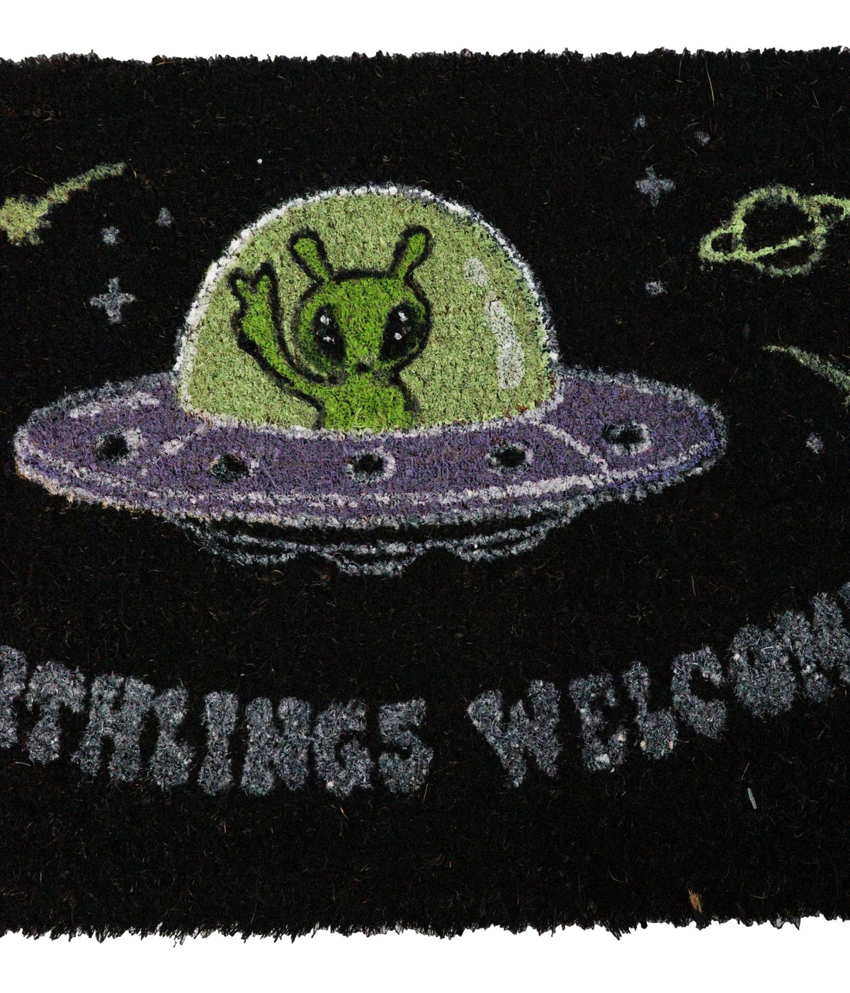 Ebros Earthlings Welcome Alien UFO Spaceship Black Coir Doormat 24 x 16 Inches