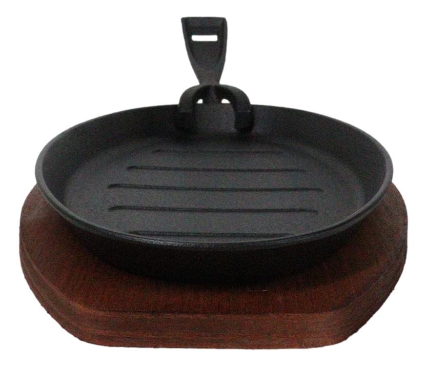 Personal Size Cast Iron Oval Fajita Steak Pan Skillet With Wood Trivet Base