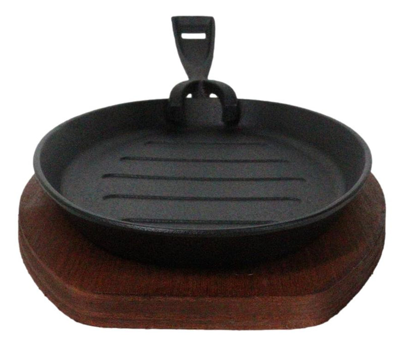 Personal Size Cast Iron Oval Fajita Steak Pan Skillet With Wood Trivet Base