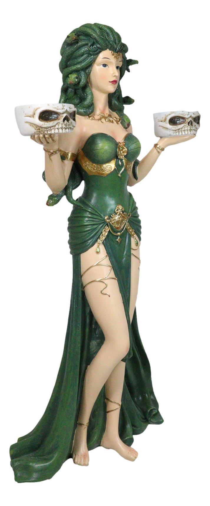 Large Greek Gorgon Goddess Medusa In Green Gown Dual Votive Candleholders Statue