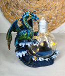 Metallic Sea Dragon Rising Above Waves by LED Glass Bottle With Ship Figurine