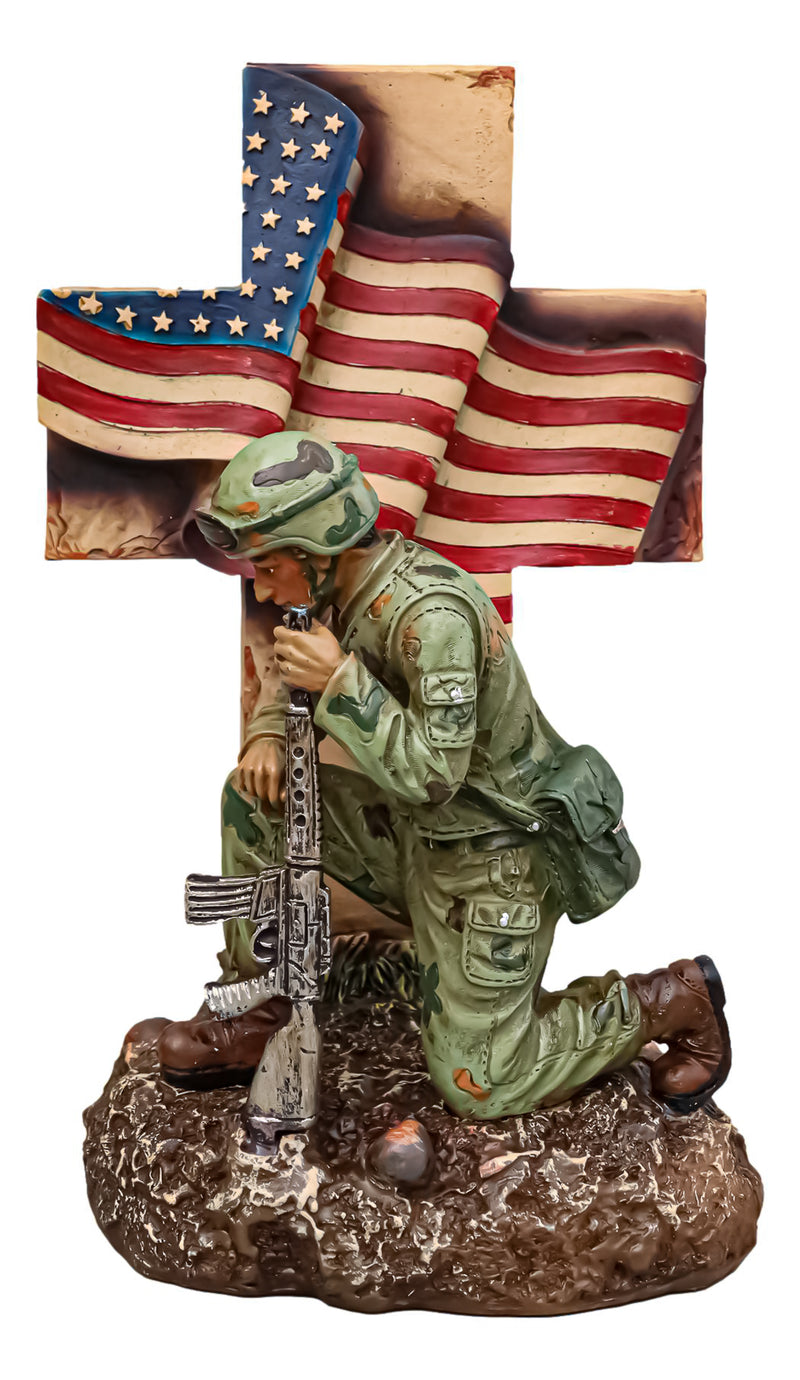 Military War Hero Soldier With Rifle By American Flag Cross Memorial Figurine