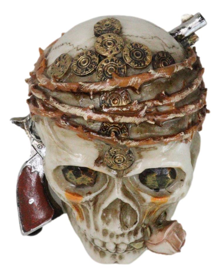 Macabre Pirate Captain Skull With Thorns Revolver Gun and Pink Rose Figurine
