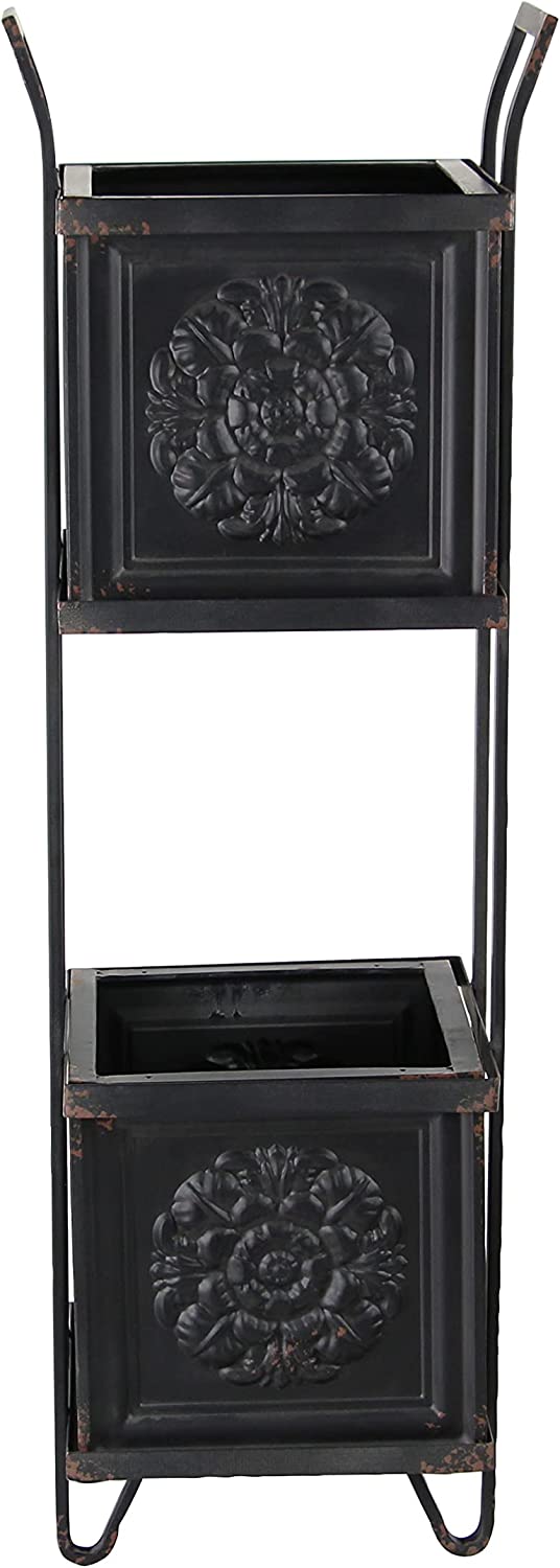 Rustic Farmhouse 2 Tiered Black Metal Box Planters With French Floral Design