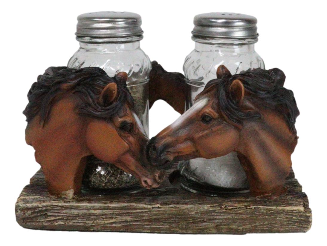 Western Wild At Heart Double Brown Chestnut Horses Salt Pepper Shakers Holder - Ebros Gift