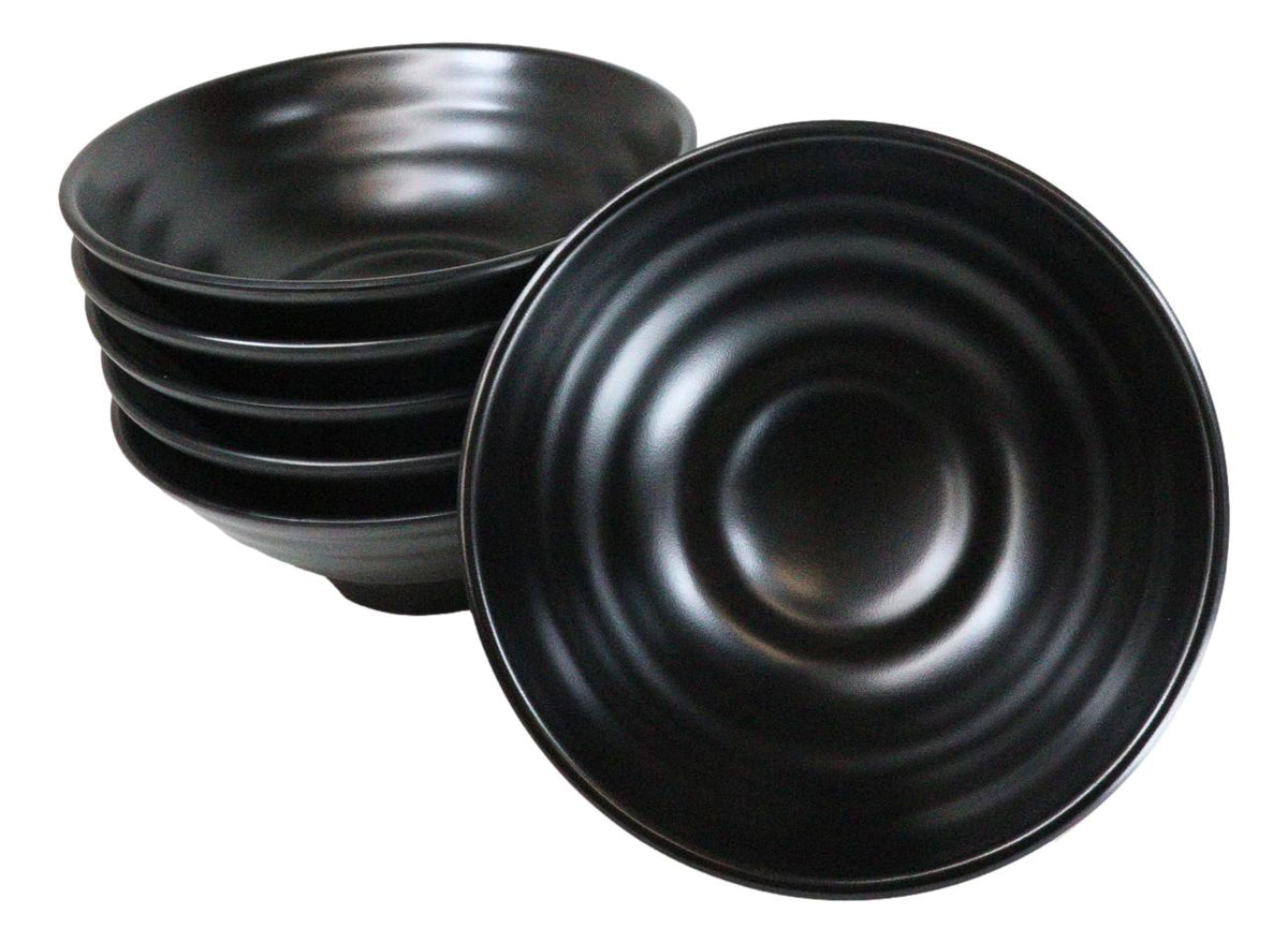 Pack Of 6 Modern Ridged Matte Black Melamine Large Round Ramen Soup Bowls 48oz - Ebros Gift