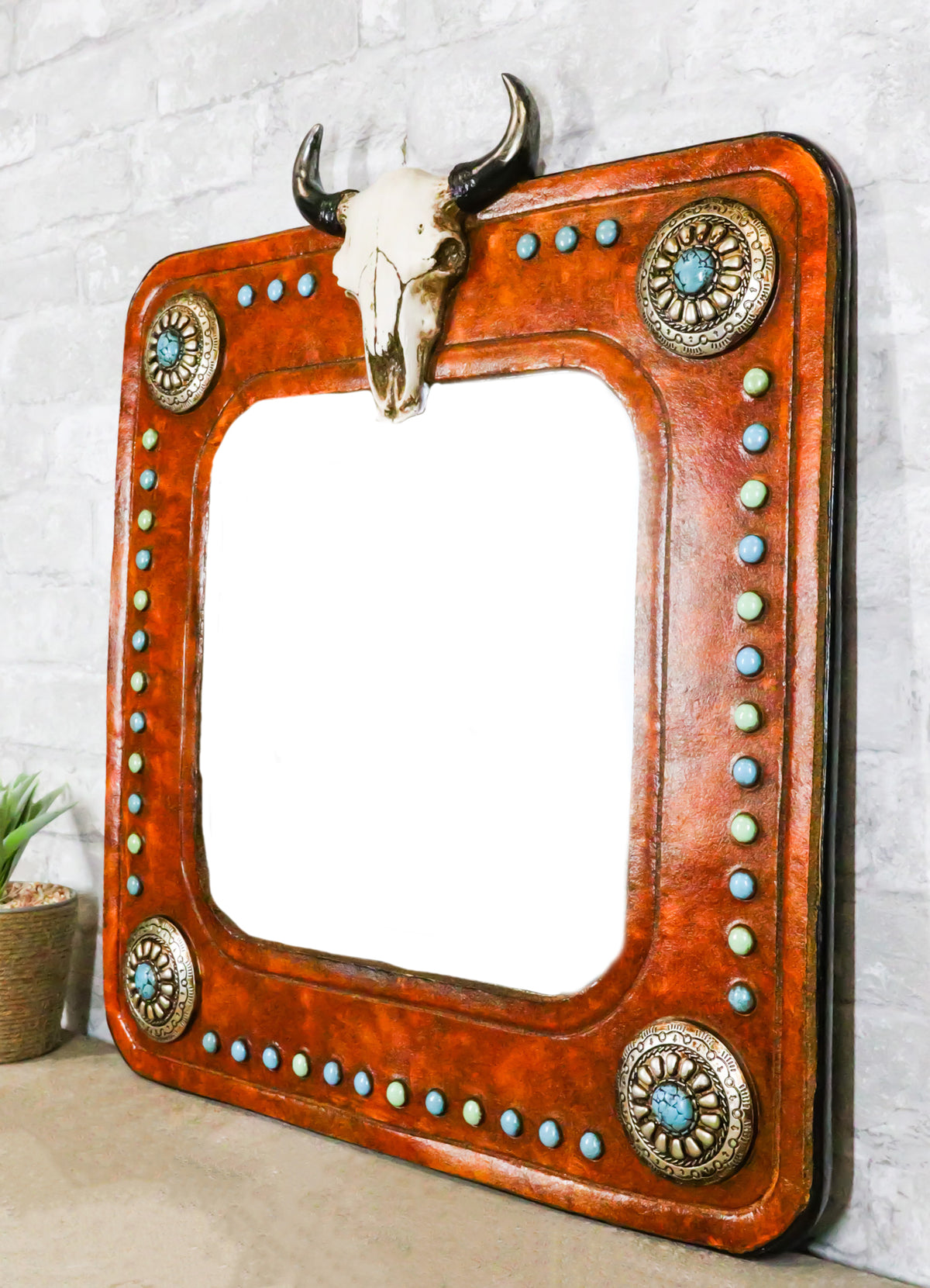 Rustic Western Bull Cow Skull And Turquoise Silver Conchos Faux Leather Mirror