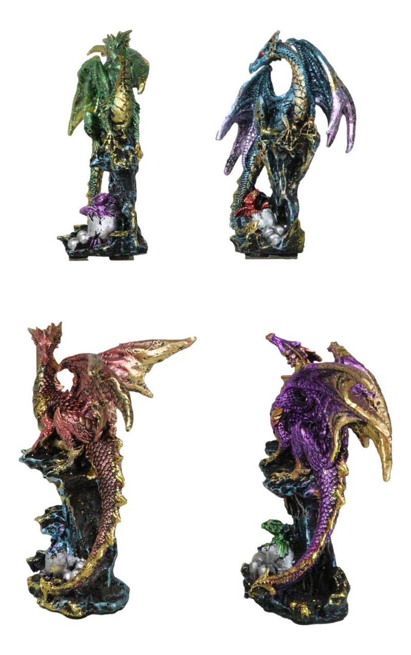 Set Of 4 Metallic Colorful Fantasy Dragons Perching On Rock Towers Figurines