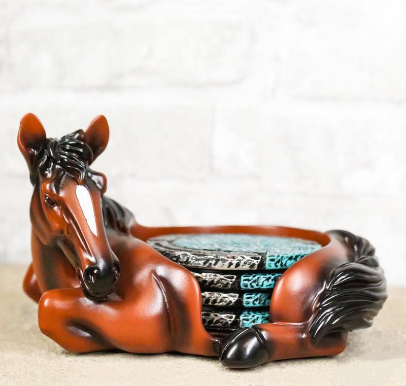 Rustic Western Brown Chestnut Horse Coaster Holder with Horseshoe Coasters Set