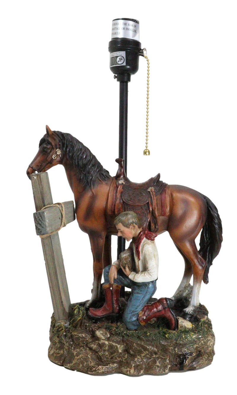 Rustic Western Chestnut Horse Cowboy On Knee Praying By Cross Desktop Table Lamp