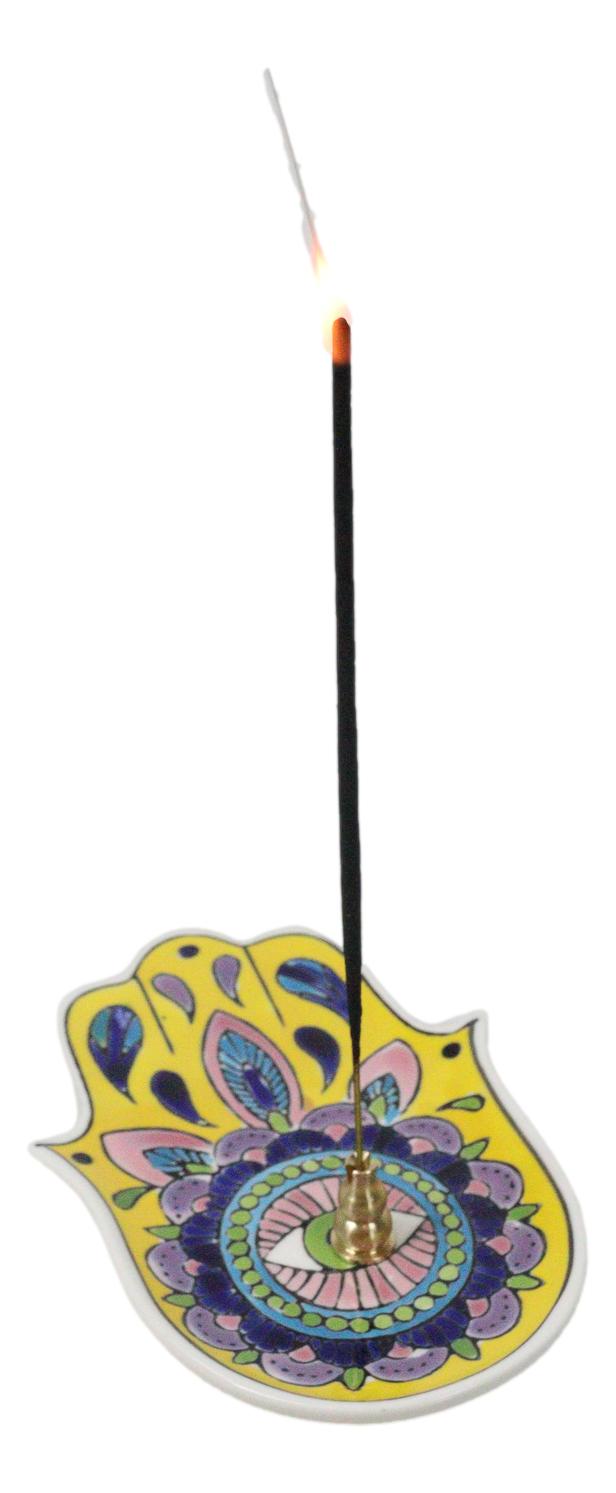 Yellow Chakra Hamsa Palm Mandala and Evil Eye Ceramic Dish Brass Incense Holder