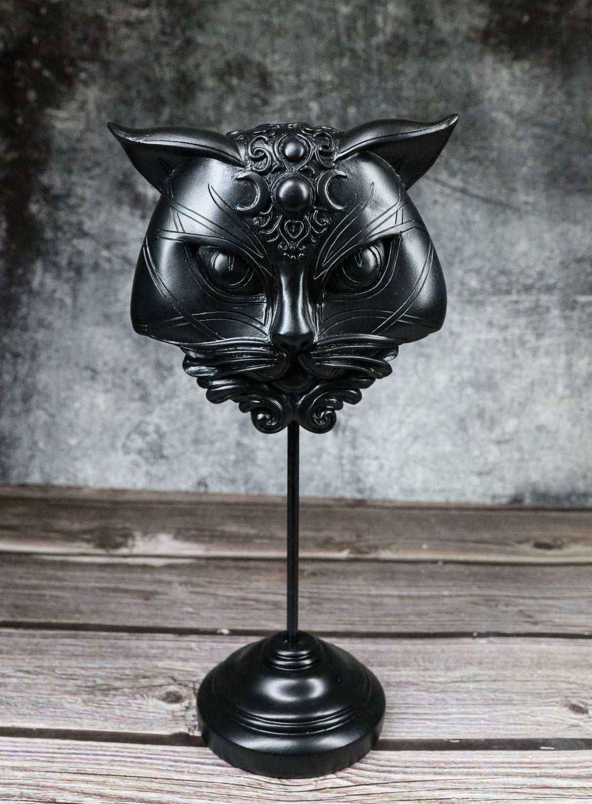Wicca Black Sacred Cat Moon Masque Ornament On Pole Stand Or Wall Sculpture