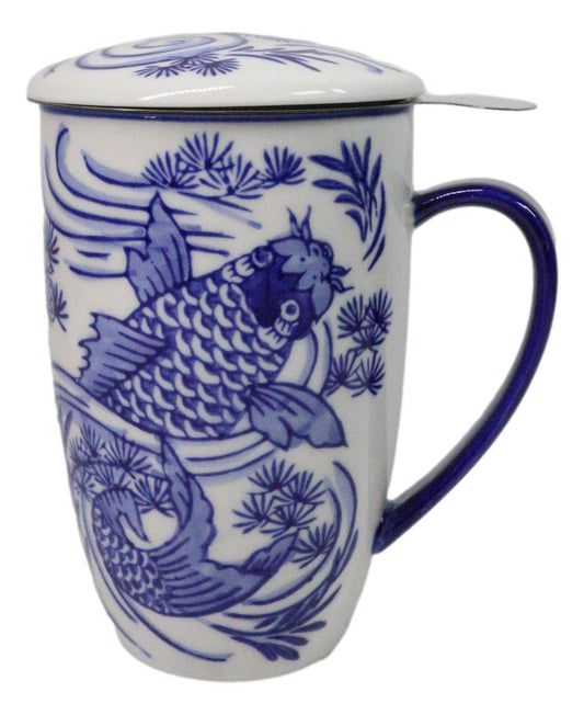 Blue Koi Fish In Water 15oz Porcelain Tea Mug With Lid Stainless Steel Infuser