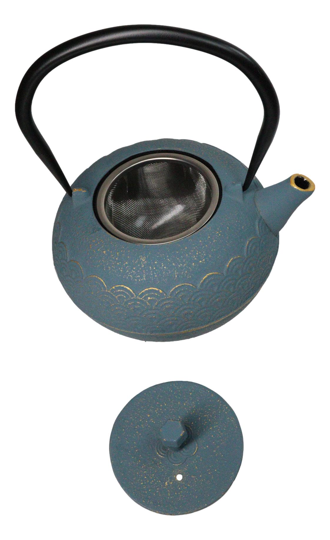 Round Teal Blue Seigaiha Waves Large Cast Iron Tetsubin Teapot 40oz Tea Pot