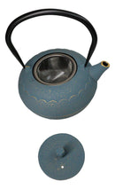 Round Teal Blue Seigaiha Waves Large Cast Iron Tetsubin Teapot 40oz Tea Pot