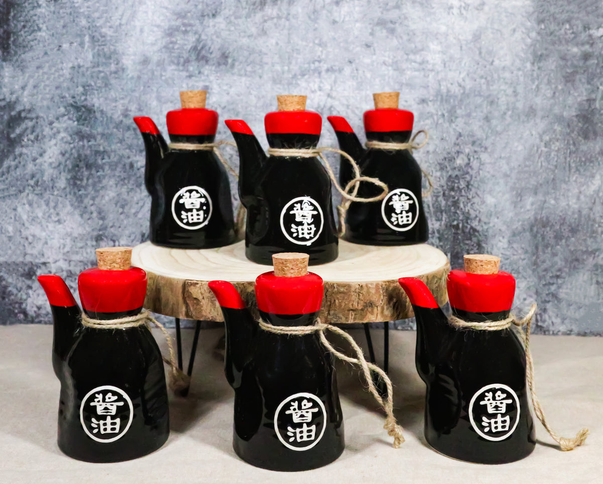 Pack of 6 Porcelain Calligraphy Soy Sauce Vinegar Condiment Dispenser Flask 7oz