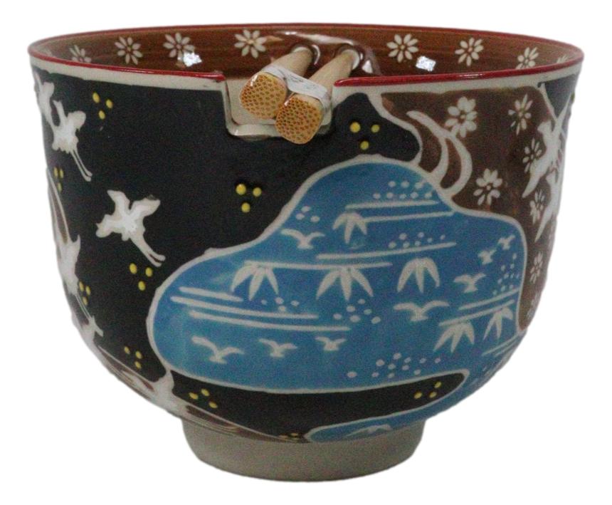 White Japanese Cranes Ceramic Donburi Ramen Soup Bowl With Chopsticks Set