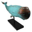 Abstract Art Blue Sperm Whale Fish Faux Distressed Wood Sculpture On Stand 30"L