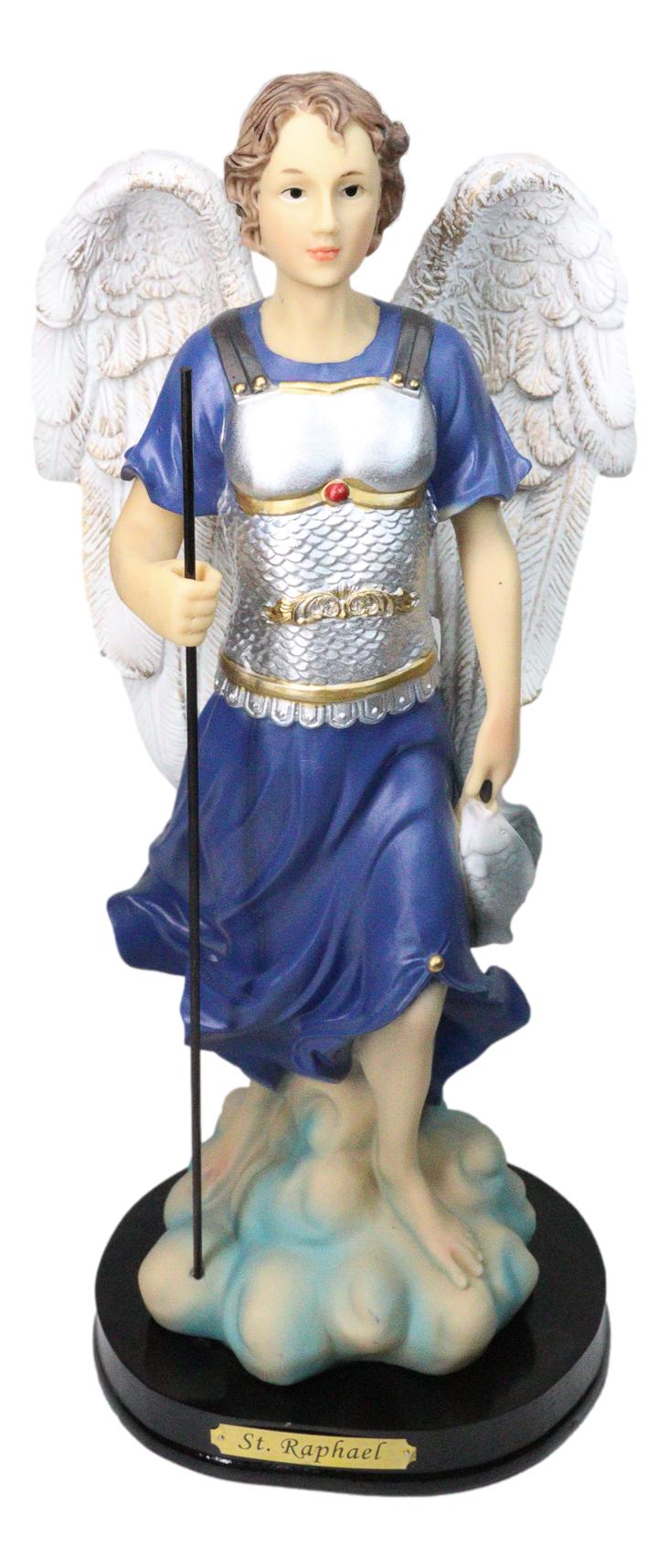 Archangel Saint Raphael Holding Staff And Fish Statue With Name Base 12"H - Ebros Gift
