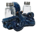 Blue Spotted Nautical Marine Cephalopod Octopus Salt Pepper Shakers Holder Set