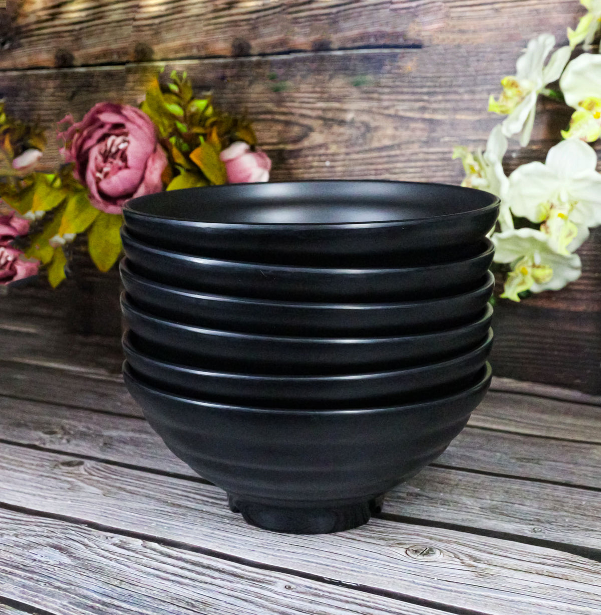 Pack Of 6 Contemporary Ridged Matte Black Melamine Round Ramen Soup Bowls 40oz