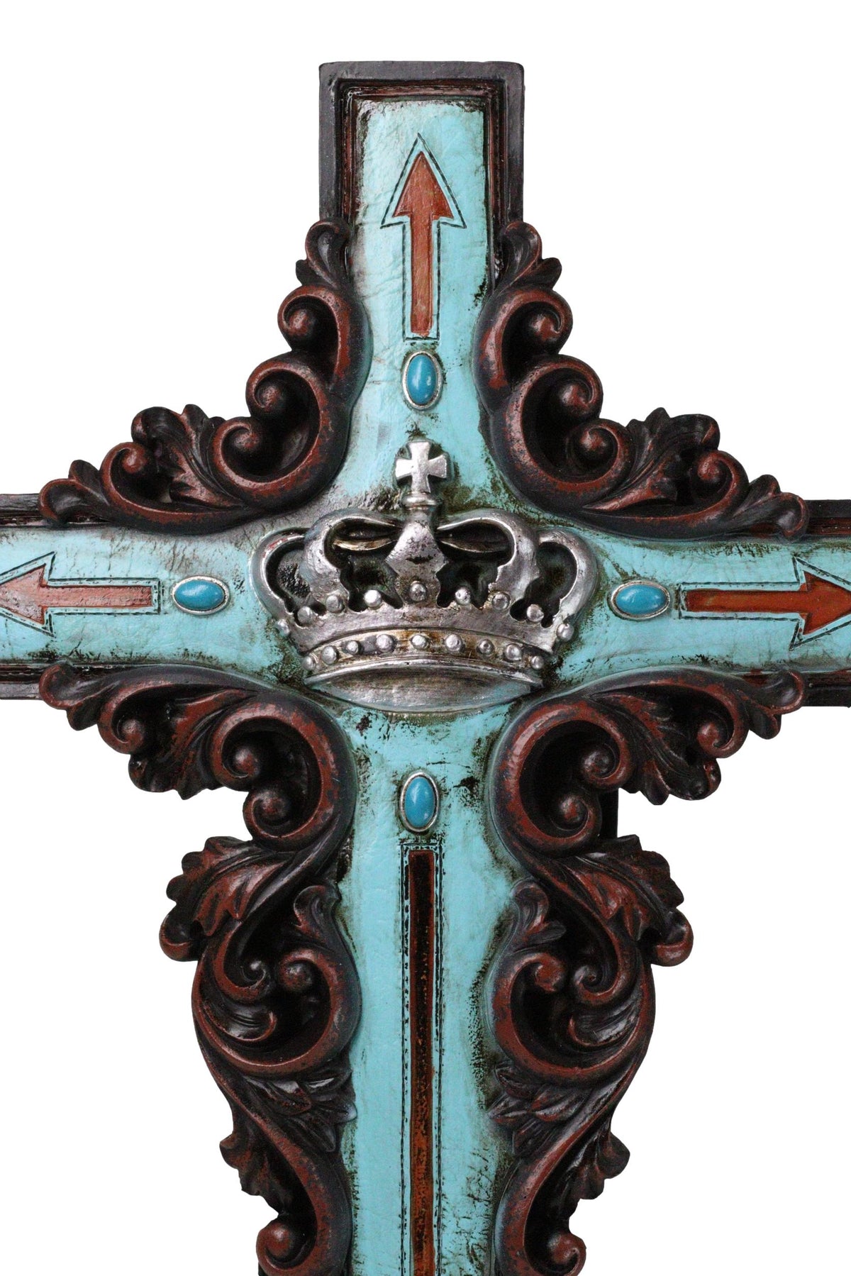 Rustic Faux Wood Turquoise Floral Scrollwork Arrows And King's Crown Wall Cross