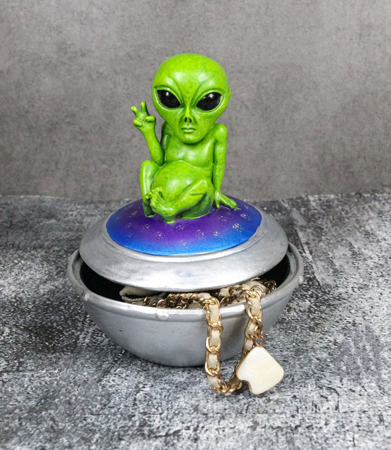 UFO Green Extra Terrestrial Roswell Alien On Spaceship Trinket Box Figurine